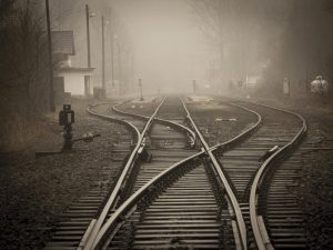 Railway tracks and junction in fog