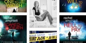 Composite image showing four of Rachel's book covers, a photograph of yellow crime scene tape and a black and white author photograph