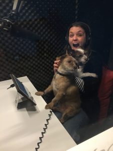 Narrator Alison Campbell with dogs in studio