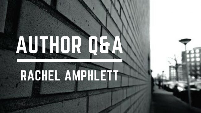 Image shows a black and white photograph of a brick wall alongside a street with the words Author Q&A superimposed across the wall