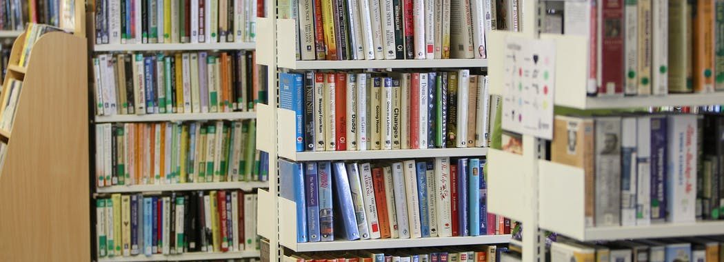 Image shows large print edition books on library shelves