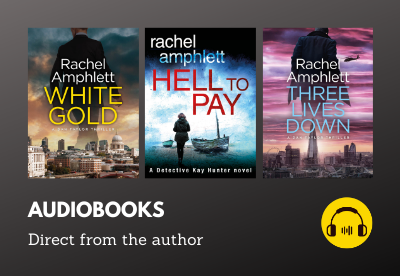 Audiobook covers for White Gold, Hell to Pay and Three Lives Down with headphones icon