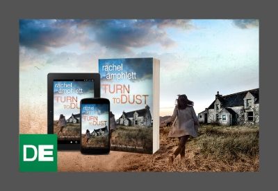 Composite image showing the cover for Turn to Dust in print, on a tablet and on a smartphone against a backdrop of the cover