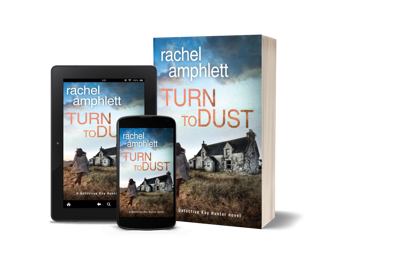 Composite image showing the cover for Turn to Dust in print, on a tablet and on a smartphone