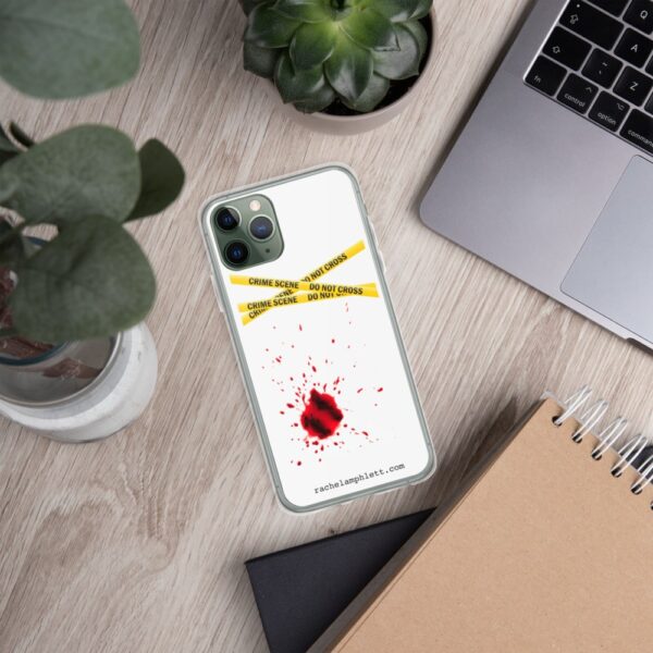 Image shows phone cover case with yellow crime scene tape and blood splatter with rachelamphlett.com in text underneath