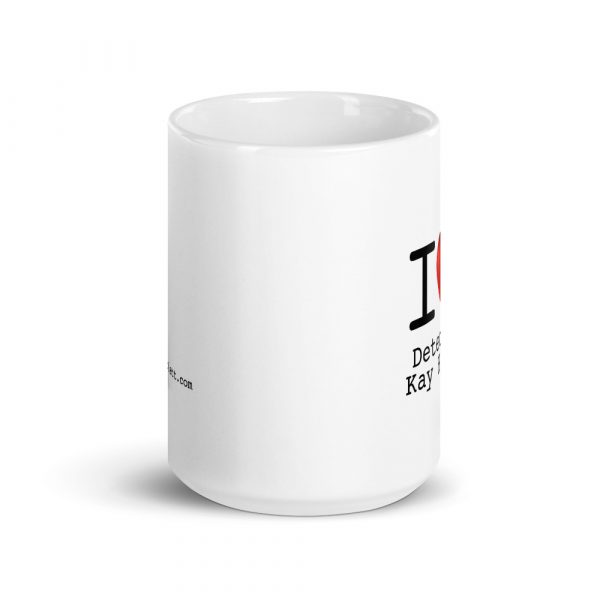 Image shows coffee mug with a big red heart and the text I (heart) Kay Hunter