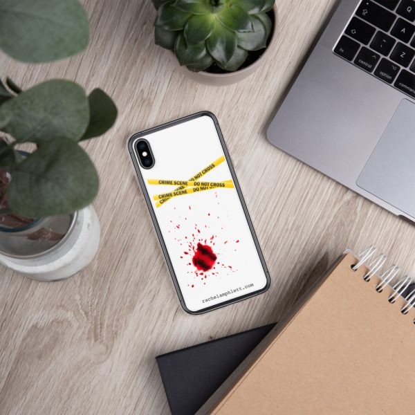 Image shows phone cover case with yellow crime scene tape and blood splatter with rachelamphlett.com in text underneath