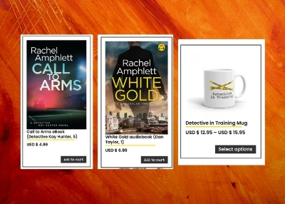Image shows a sample selection of Rachel Amphlett's eBooks, audiobooks and merchandise available from her website shop