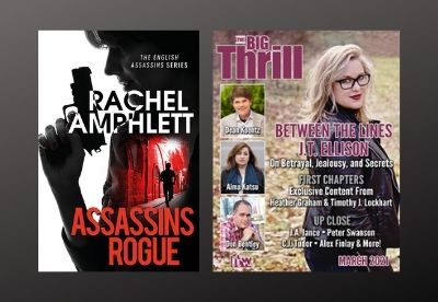 Image shows the book cover for Assassins Rogue next to the front cover of The Big Thrill magazine March 2021 edition