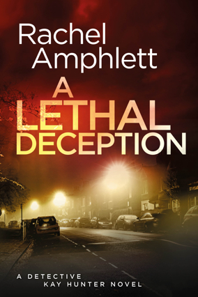 Book cover for A Lethal Deception showing a foggy English street with misty streetlights and parked cars in shadow