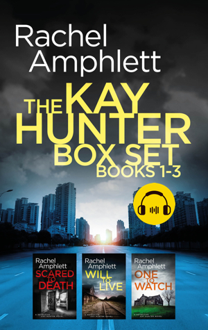 Cover for Kay Hunter audiobooks 1-3 with original covers against a blue tinted cityscape