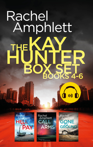 Cover for Kay Hunter audiobooks 4-6 with original covers against a red tinted cityscape