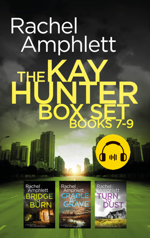 Cover for Kay Hunter audiobooks 7-9 with original covers against a green tinted cityscape