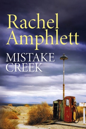 Mistake Creek book cover with abandoned gas pumps on the edge of a desert with storm clouds
