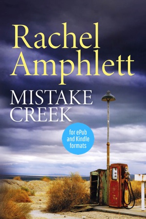 Mistake Creek book cover with abandoned gas pumps on the edge of a desert with storm clouds