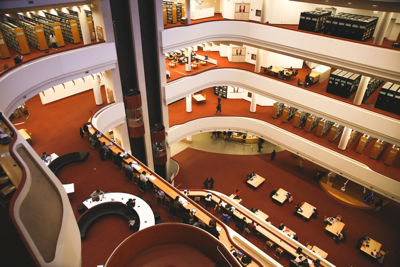 Aerial view of library interior showing different levels