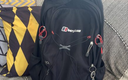 Backpack with a blue fluffy keyring